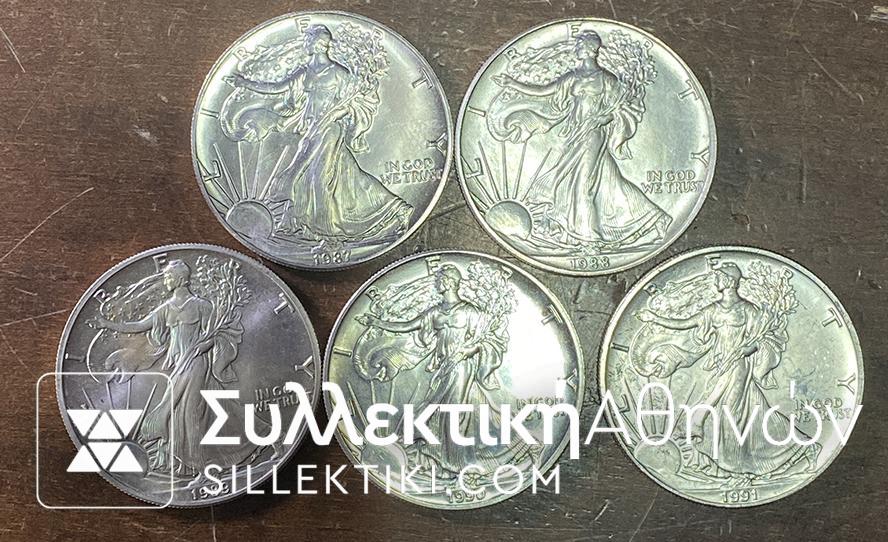 USA 5 Silver Dollars -1987